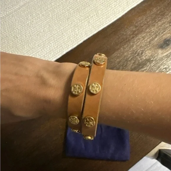 Tory Burch Tan Leather Wrap Bracelet with Gold Accents Pink Leather Wrap Belted Bracelet with Gold-Plated Metal  main image 3